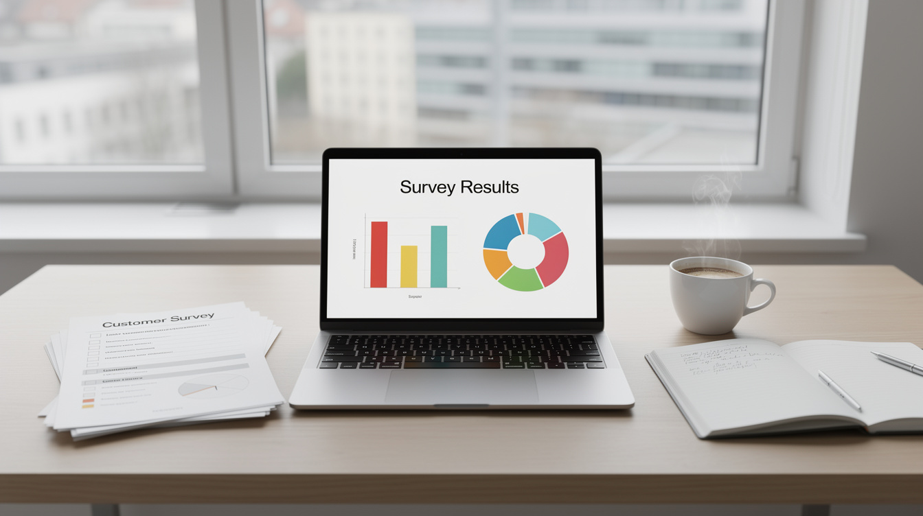 Desk with data charts, laptop and survey documents