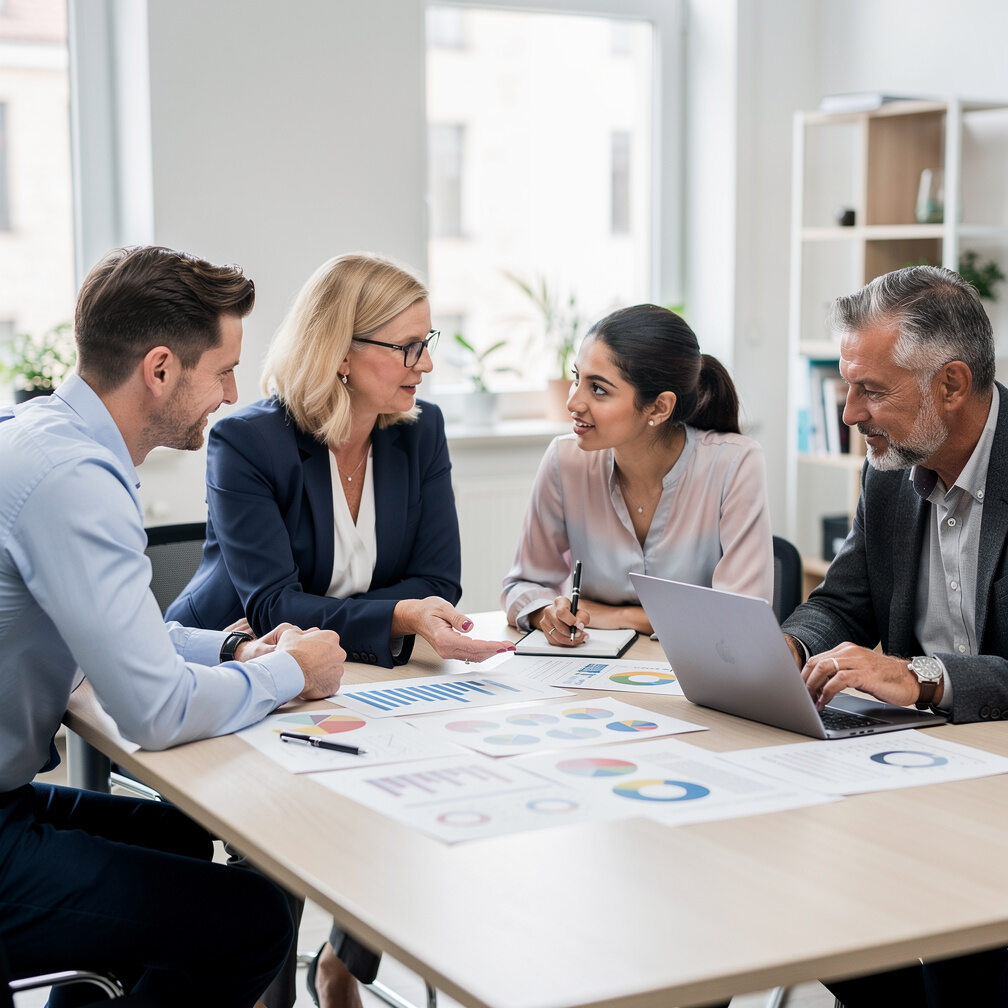 Team of researchers discussing results around a table